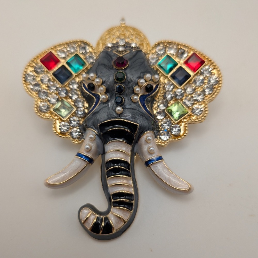 Vintage Style Ornate Elephant Head Brooch Pendant Enamel Jeweled Statement Piece
